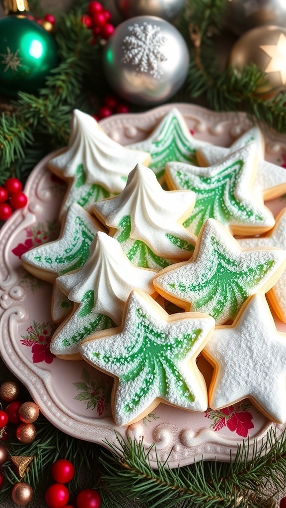 Festive Meringue Christmas Cookies Recipe Festive meringue cookies shaped like Christmas trees and stars, dusted with powdered sugar on a decorative plate.